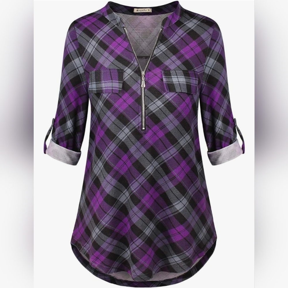 Moyabo Women's Plaid Tunic Zipper V-neck Shirt Sz Med 3/4 Length or Long Sleeves